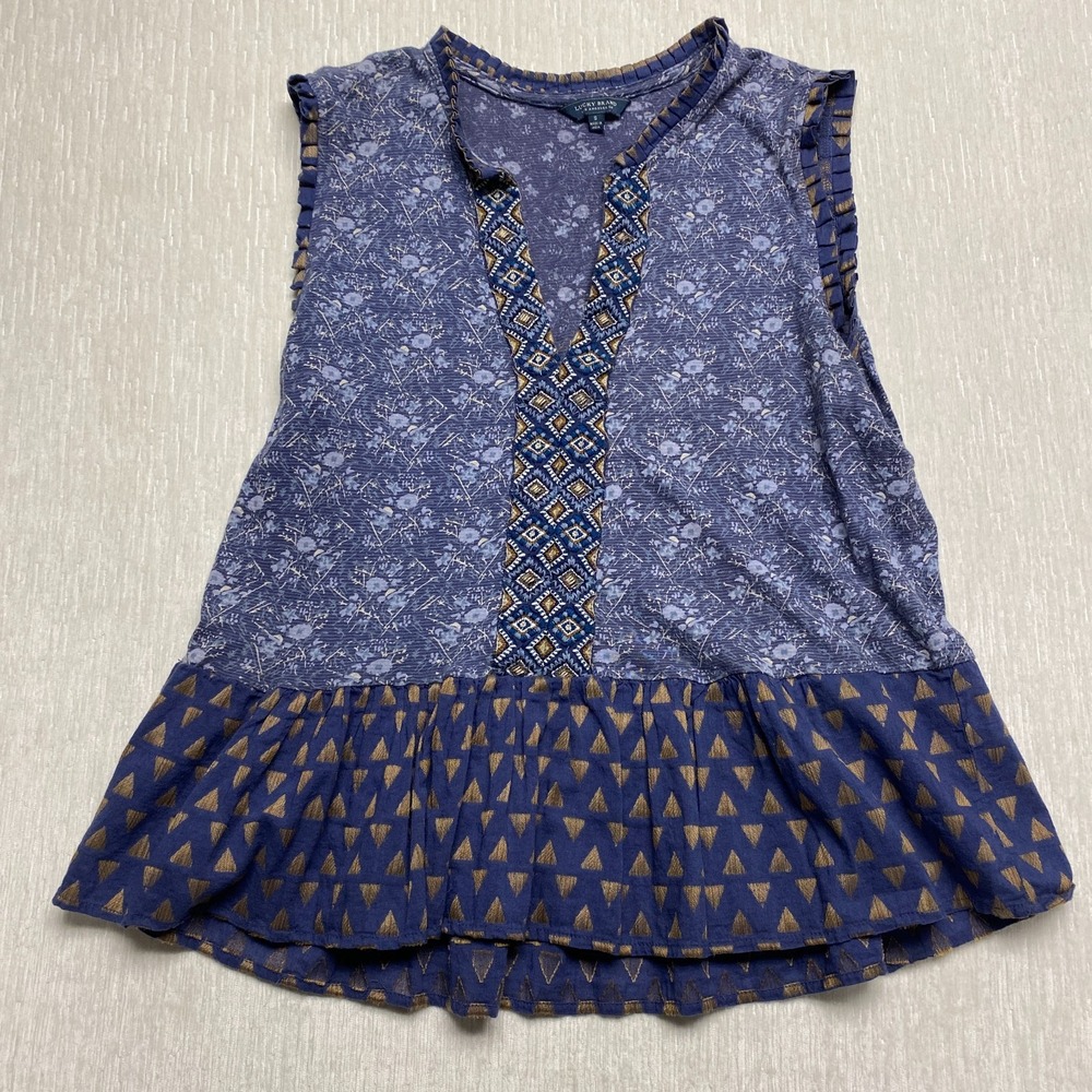 Lucky Brand Peplum Top Womens Small Blue Floral Geometric Sleeveless Ruffle Boho